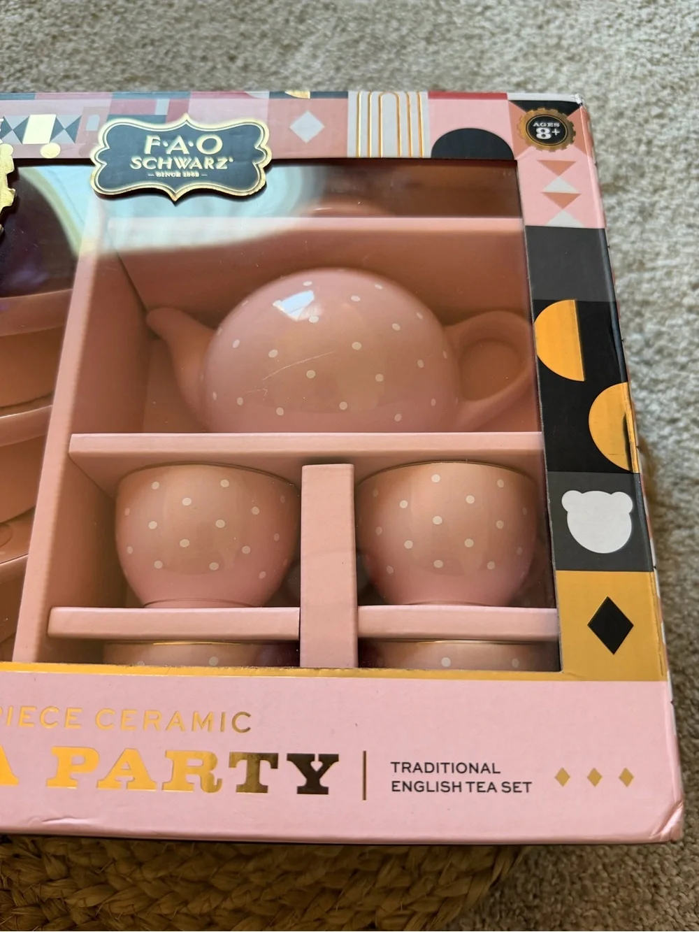 FAO Schwarz Pink Polka Dot 9-Piece Ceramic Tea Party Set - Play Tea Service